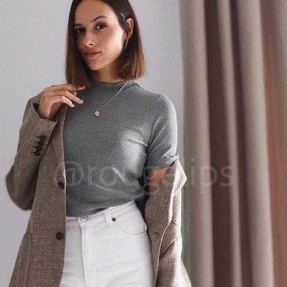 Grey Rib-Knit High Neck Short Sleeve Slim Fit Top Shirt - Picture 6 of 7